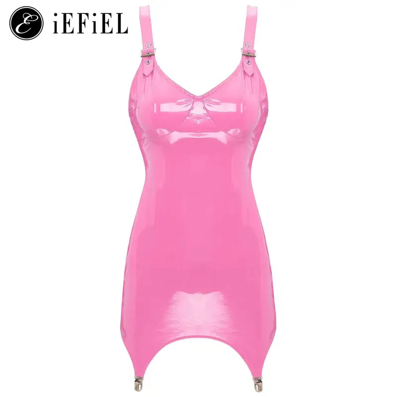 Babydoll Chemise Night - Damen-Minikleid aus glänzendem metallischem PVC-Leder mit